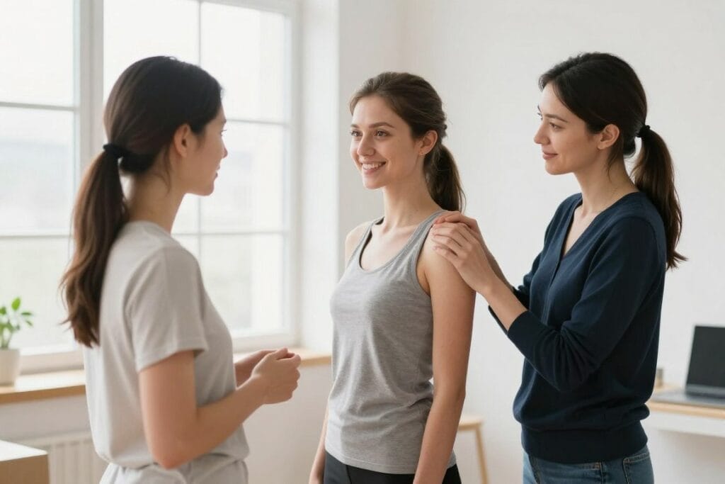 Photographer demonstrating flattering pose to portrait client Photographer demonstrating flattering pose to portrait client