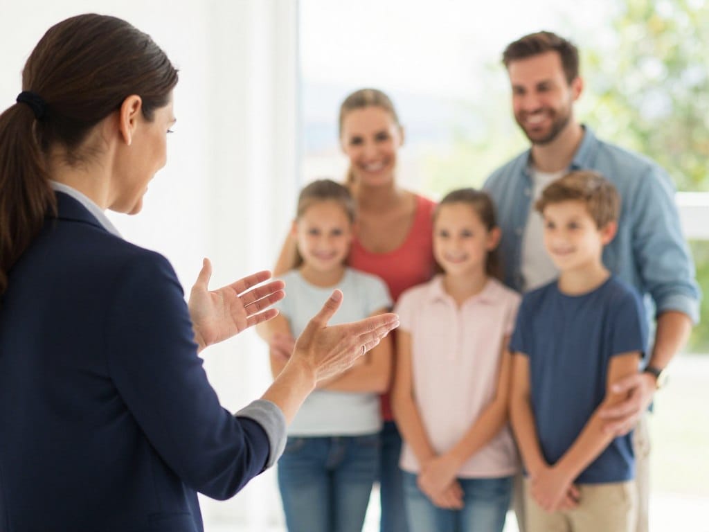 Photographer demonstrating natural posing technique to smiling family clients