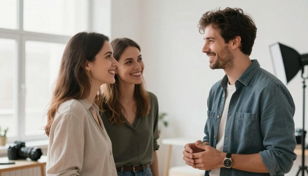 Photographer having friendly conversation with smiling clients after successful photo session
