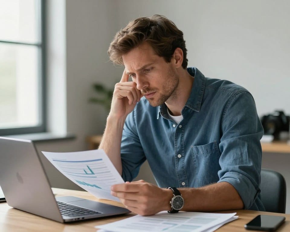 Photographer looking concerned reviewing unsuccessful marketing materials at desk