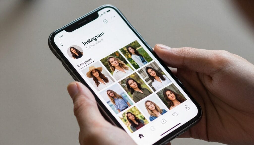 Photographer managing social media content on smartphone showing Instagram photography feed
