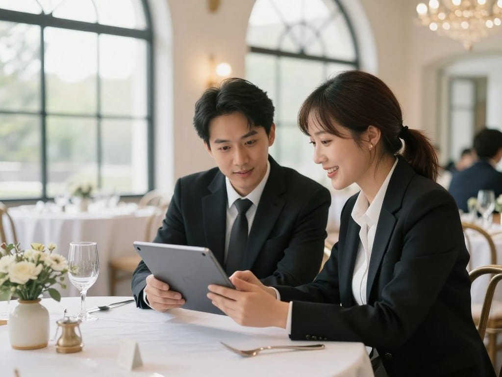 Photographer meeting with wedding venue coordinator discussing partnership opportunities