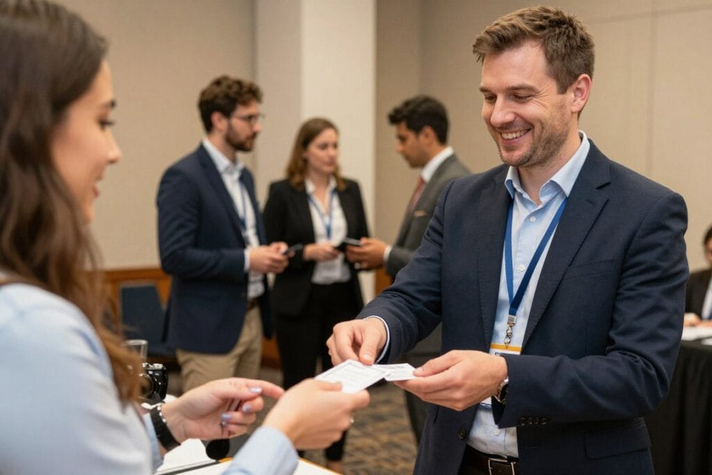Photographer networking at local business event exchanging business cards with potential clients