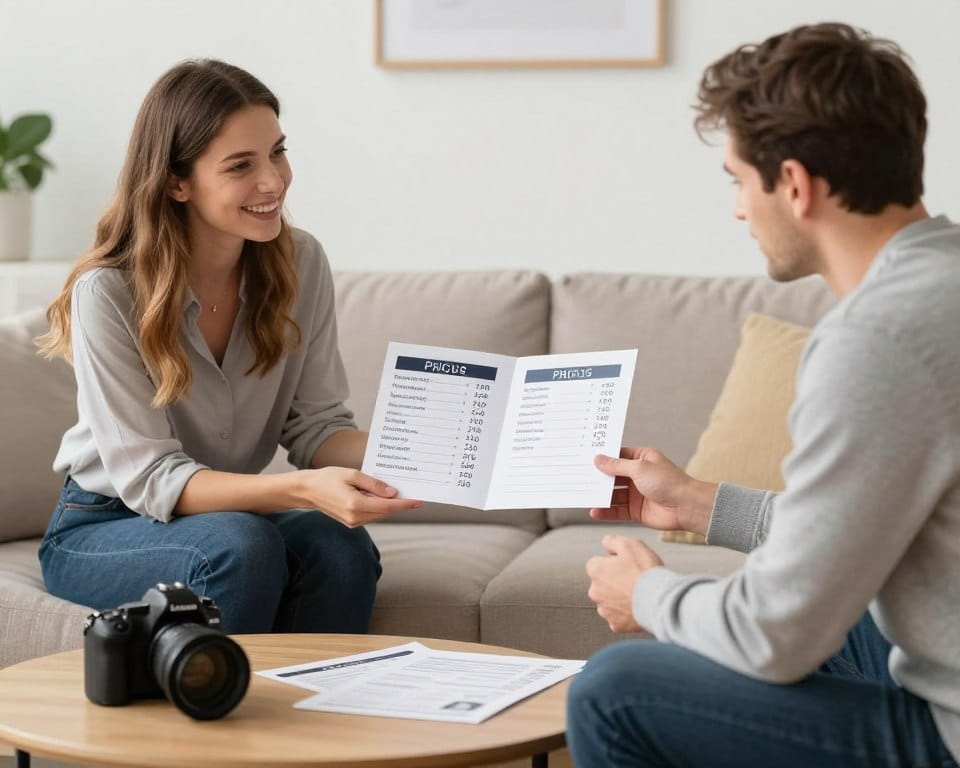 Photographer presenting pricing packages to clients during consultation meeting