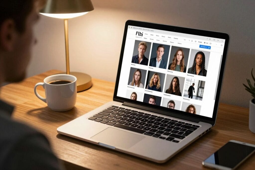 Photographer reviewing portfolio website on laptop showing curated best photography work