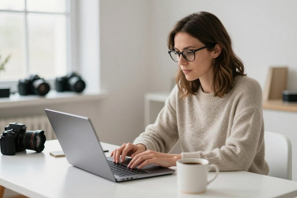 Photographer working on laptop creating referral program materials with coffee in bright workspace