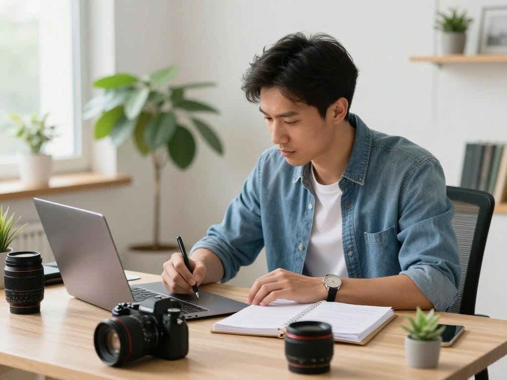 Photographer writing educational blog post on laptop with camera equipment nearby