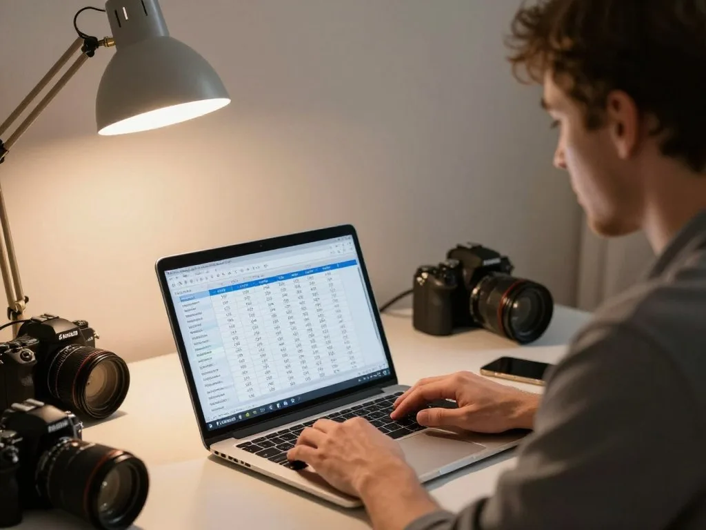Photography business owner analyzing cost breakdown and pricing structure on laptop