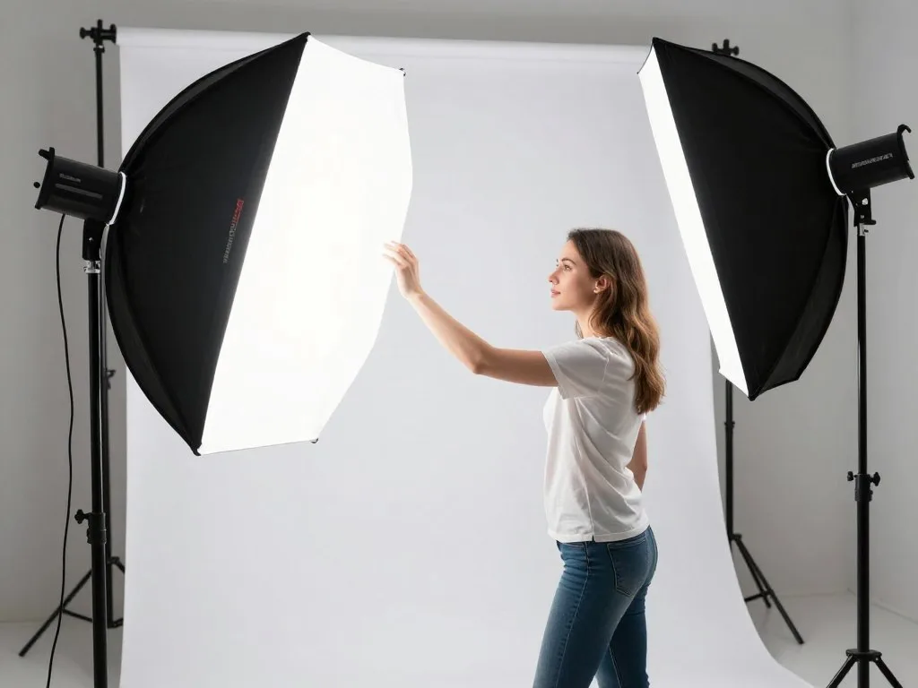 Product photographer setting up professional lighting for commercial shoot