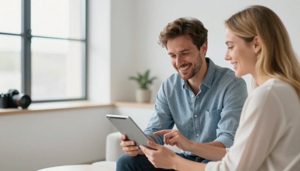 Professional photographer explaining referral program details to smiling client with tablet