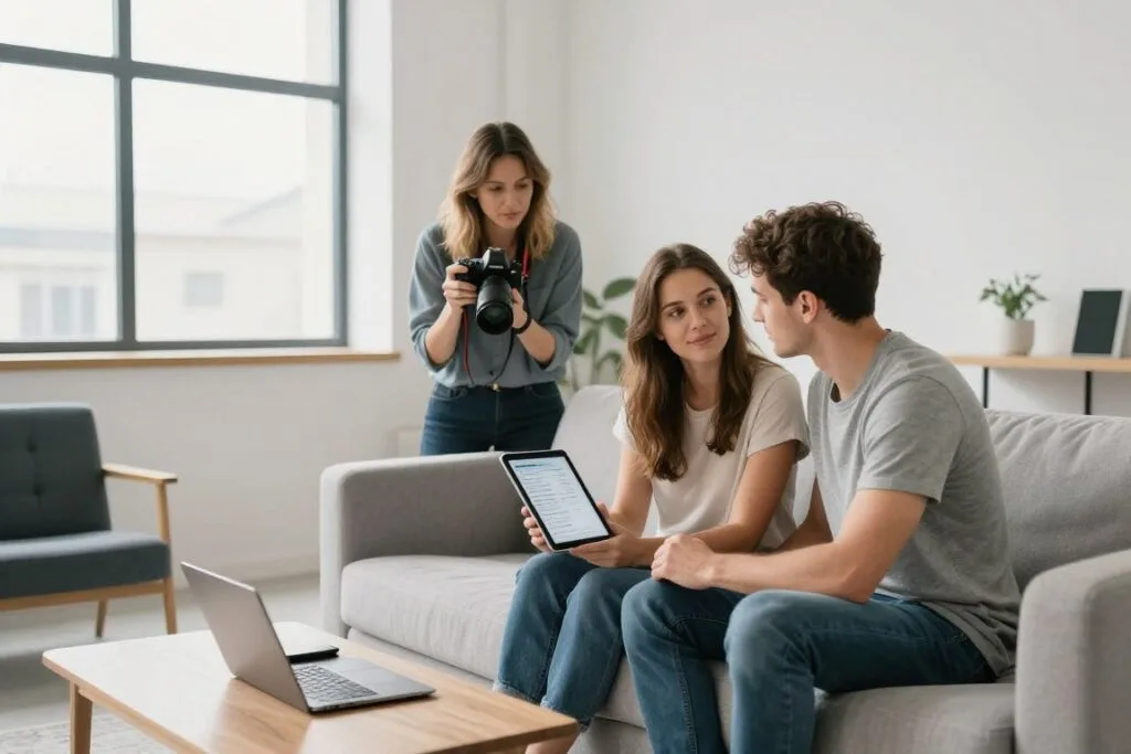 Professional photographer presenting pricing packages to clients in modern studio