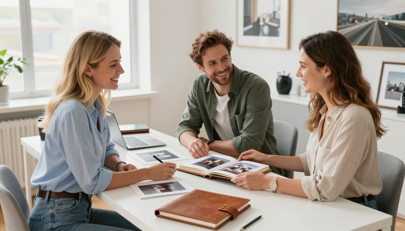 Professional photographer reviewing photography products including albums and prints with happy clients in bright modern studio