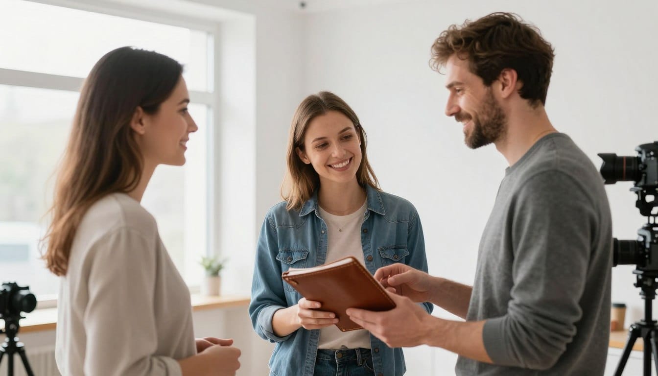 Professional photographer reviewing portfolio with potential photography clients in bright studio