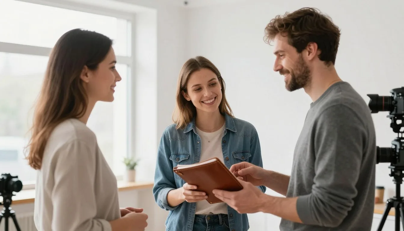 Professional photographer reviewing portfolio with potential photography clients in bright studio