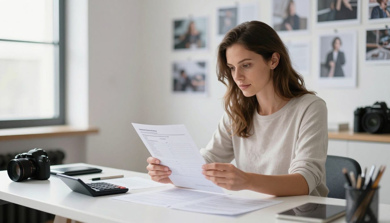 Professional photographer reviewing pricing strategy documents in modern studio workspace