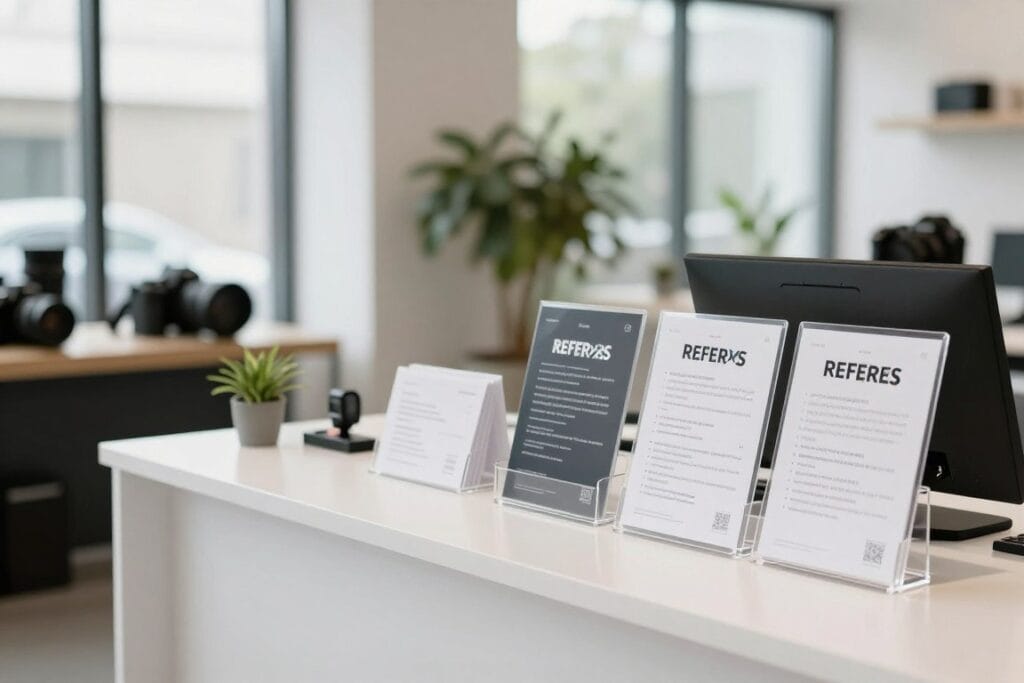 Professional photography studio with welcome area featuring referral program materials