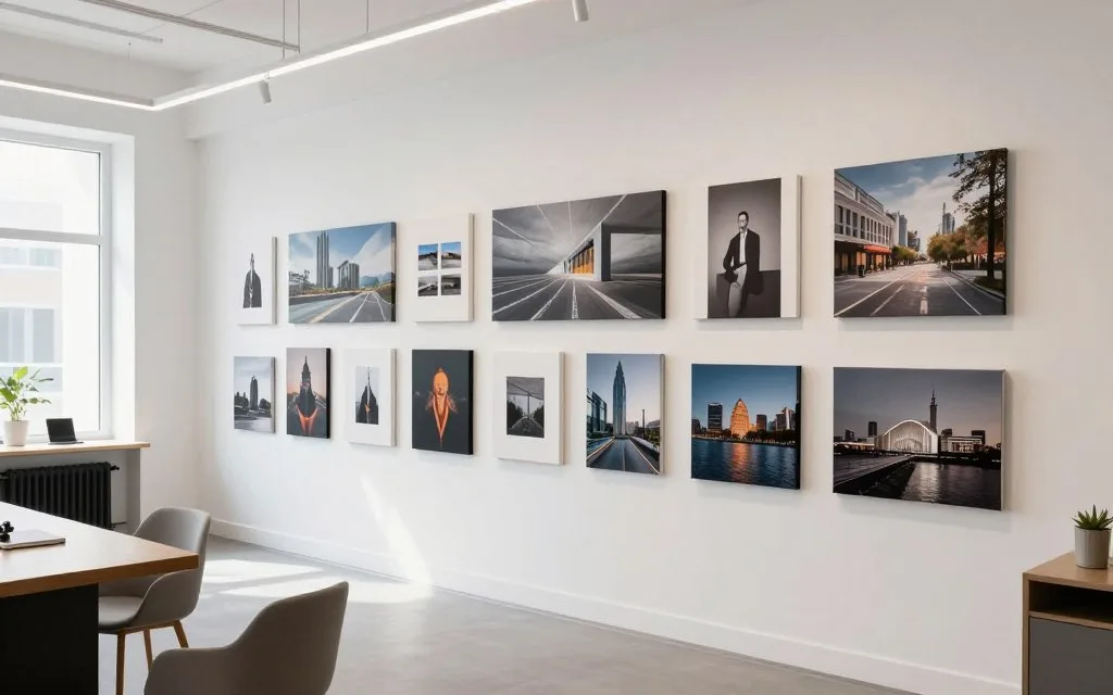 Professional studio space showing wall gallery display of photography products and samples for client viewing