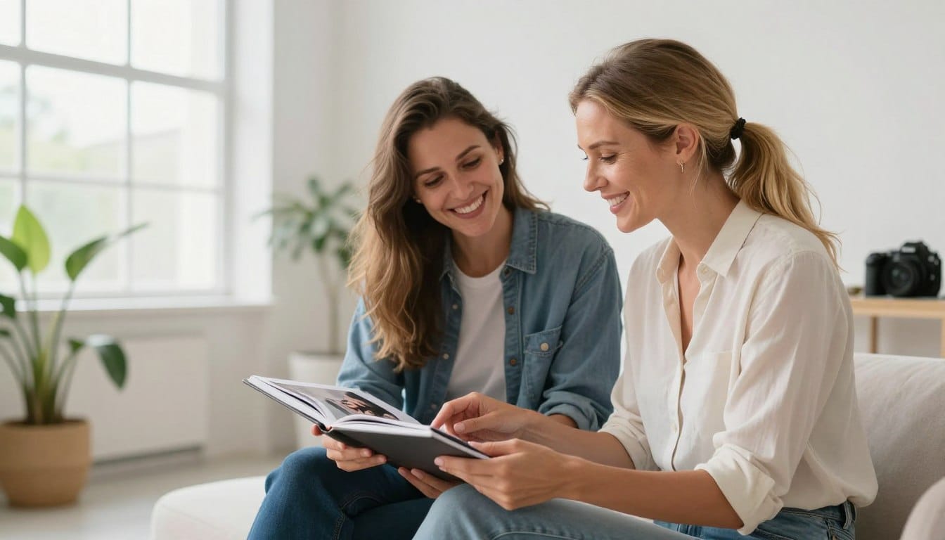 Smiling photographer showing portfolio to happy clients in bright natural light studio