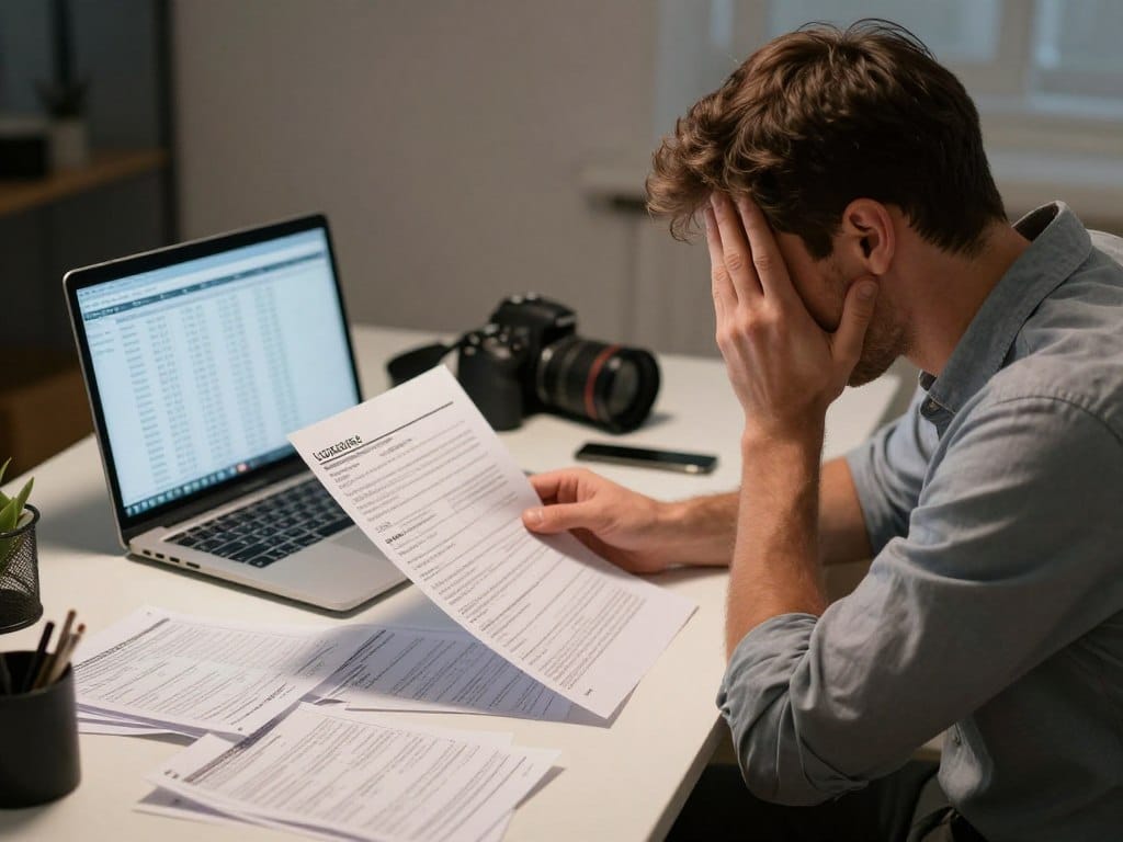 Stressed photographer reviewing financial documents showing pricing mistakes Stressed photographer reviewing financial documents showing pricing mistakes