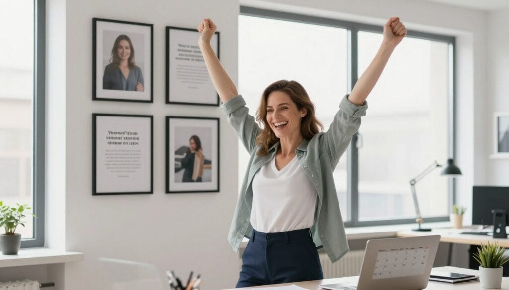 Successful photographer celebrating business growth with client testimonials and bookings