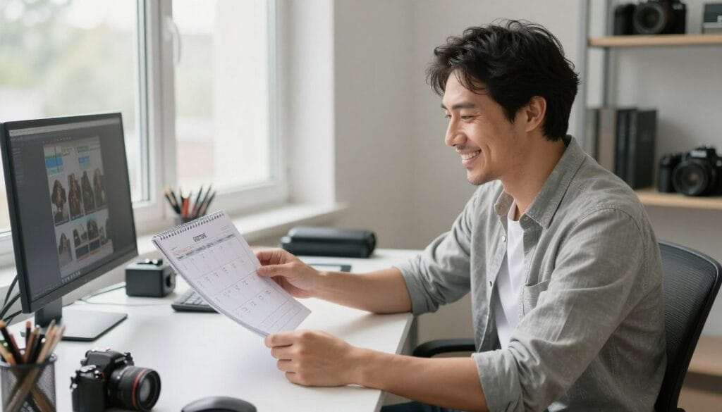 Successful photographer reviewing calendar full of booked photography sessions