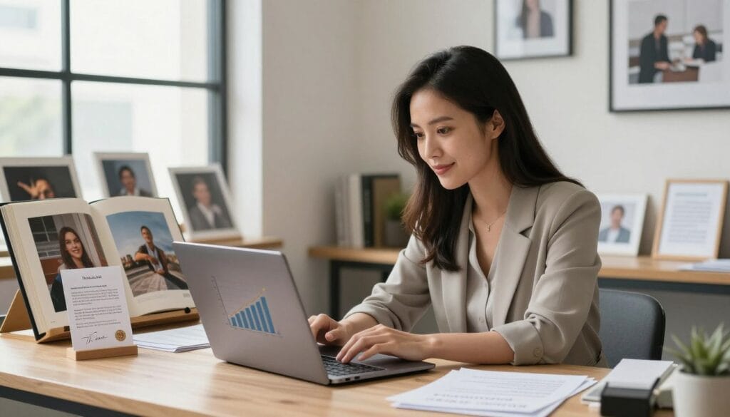 Successful photographer reviewing profitable photography business with products displayed and happy client testimonials