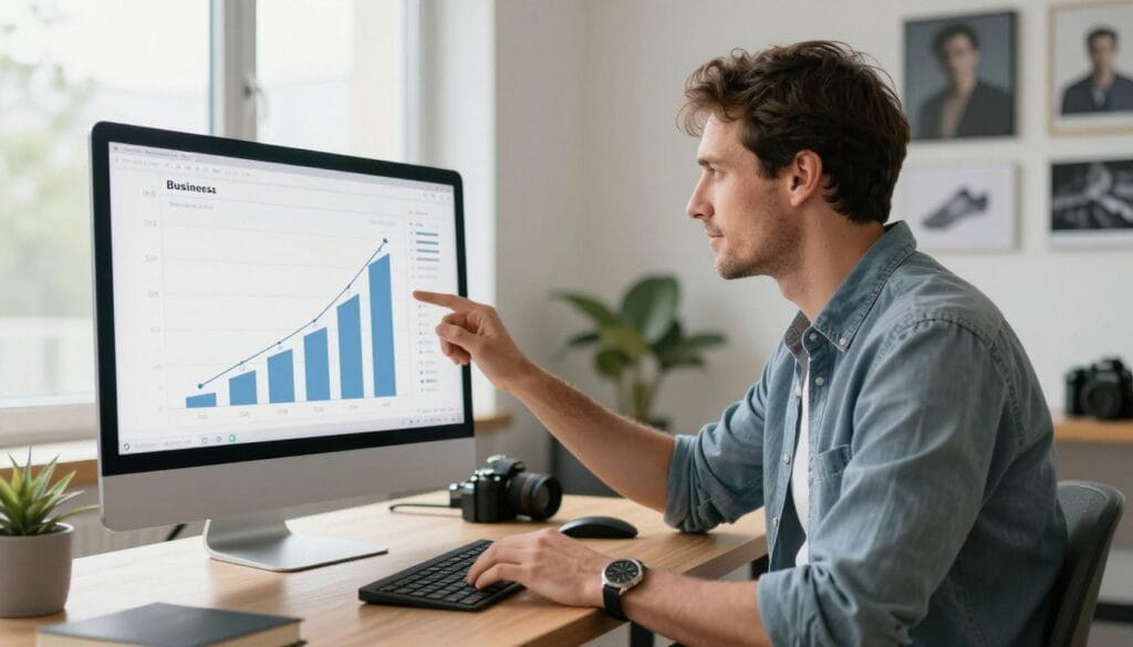 Successful photography business owner reviewing growth metrics and pricing strategy Successful photography business owner reviewing growth metrics and pricing strategy