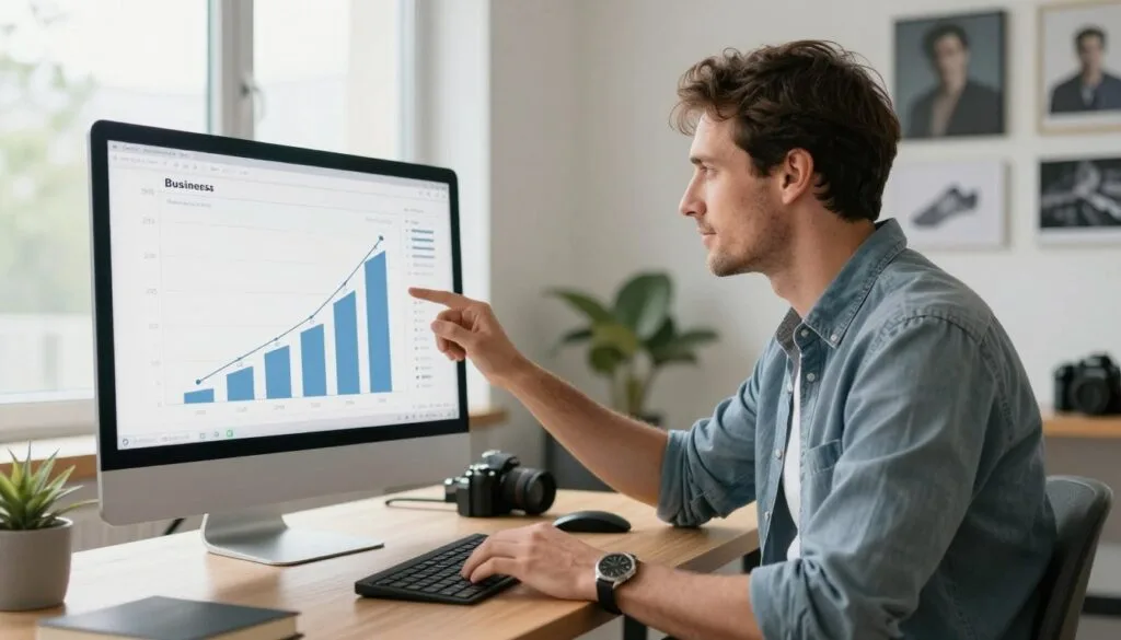 Successful photography business owner reviewing growth metrics and pricing strategy