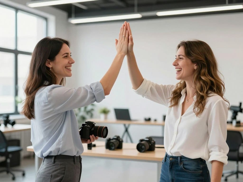 Two professional female photographers collaborating and celebrating business success in modern studio