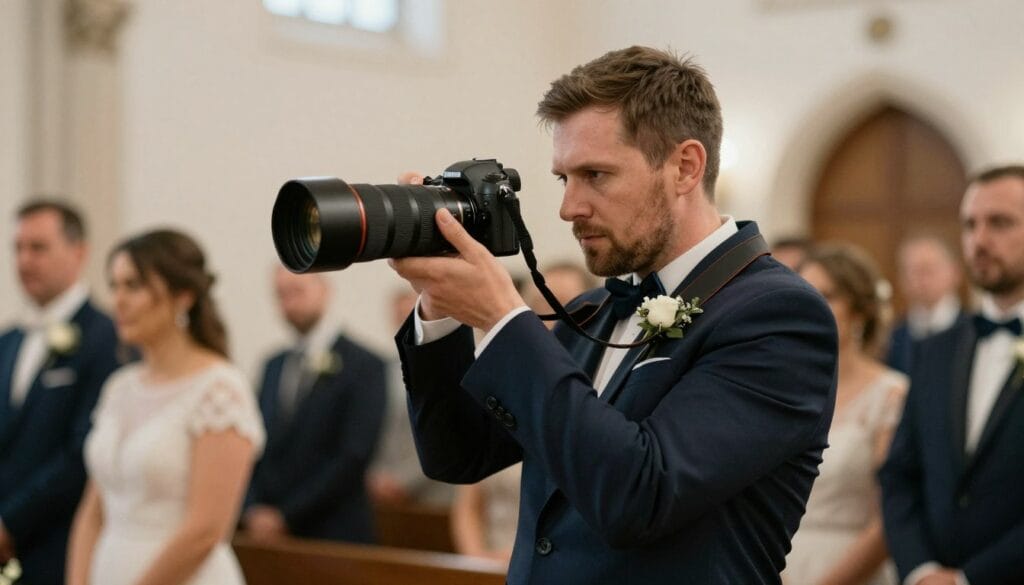 Wedding photographer capturing ceremony moments with professional equipment Wedding photographer capturing ceremony moments with professional equipment