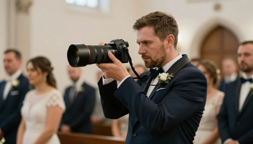 Wedding photographer capturing ceremony moments with professional equipment