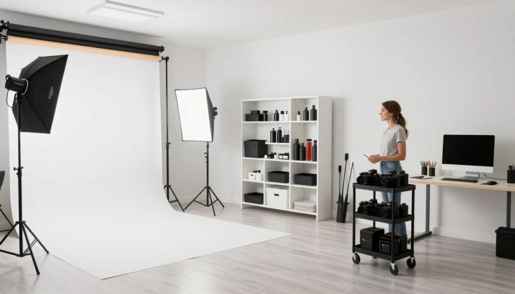 Well-organized photography studio space showing professional setup Well-organized photography studio space showing professional setup