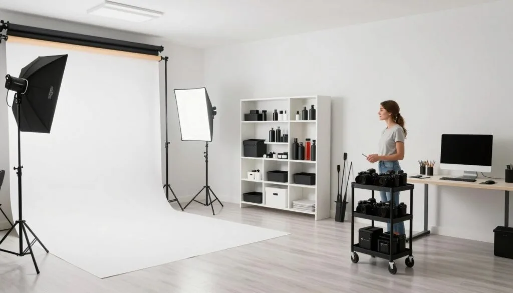 Well-organized photography studio space showing professional setup