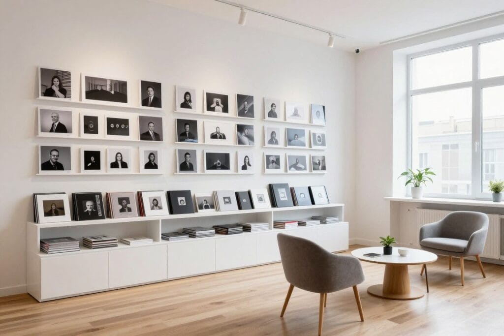 Well-organized photography studio with professional product display area and comfortable client consultation space