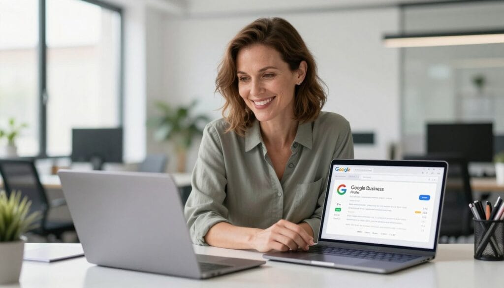 confident photographer reviewing successful google business profile metrics on laptop confident photographer reviewing successful google business profile metrics on laptop