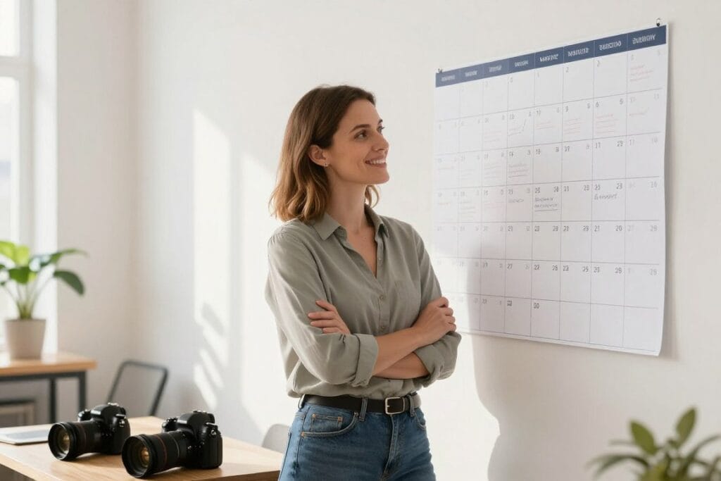 confident photographer reviewing successful year of bookings on calendar