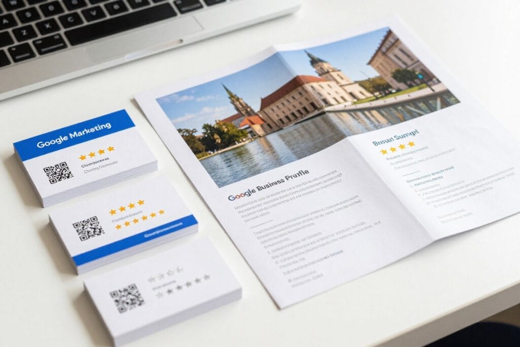marketing materials displaying google business profile QR code and review highlights marketing materials displaying google business profile QR code and review highlights