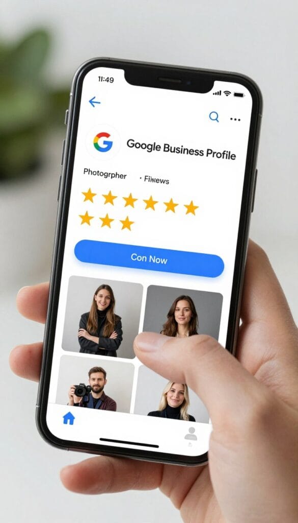 mobile phone showing optimized photographer google business profile with click to call button mobile phone showing optimized photographer google business profile with click to call button