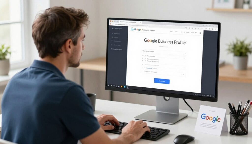 photographer completing google business profile setup on desktop computer with verification postcard visible photographer completing google business profile setup on desktop computer with verification postcard visible