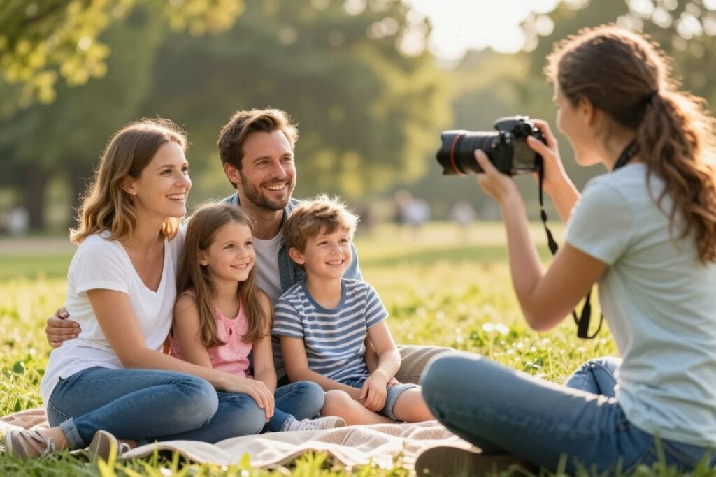 photographer conducting mini session with family outdoors