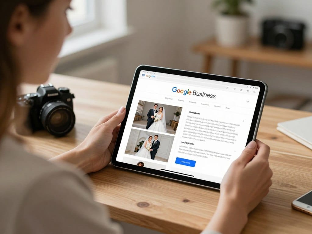 photographer creating google business post on tablet with recent wedding photos photographer creating google business post on tablet with recent wedding photos
