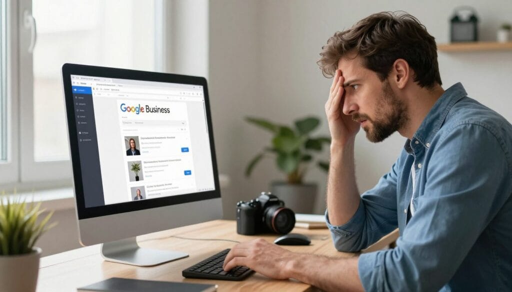 photographer frustrated looking at poorly optimized google business profile on computer photographer frustrated looking at poorly optimized google business profile on computer