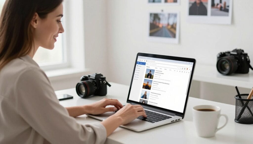 photographer sending personalized email to past client on laptop