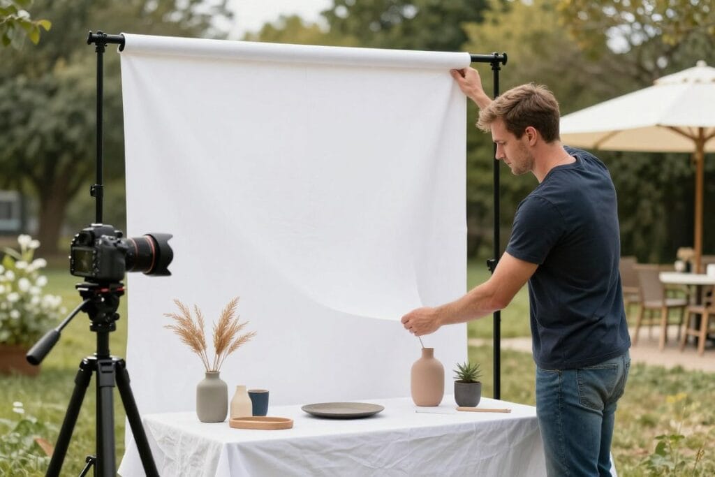 photographer setting up outdoor mini session location with props and backdrop