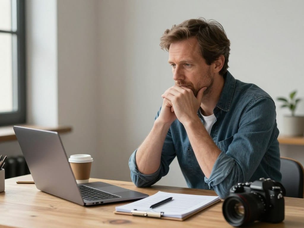 photographer working at desk during slow season planning marketing strategy