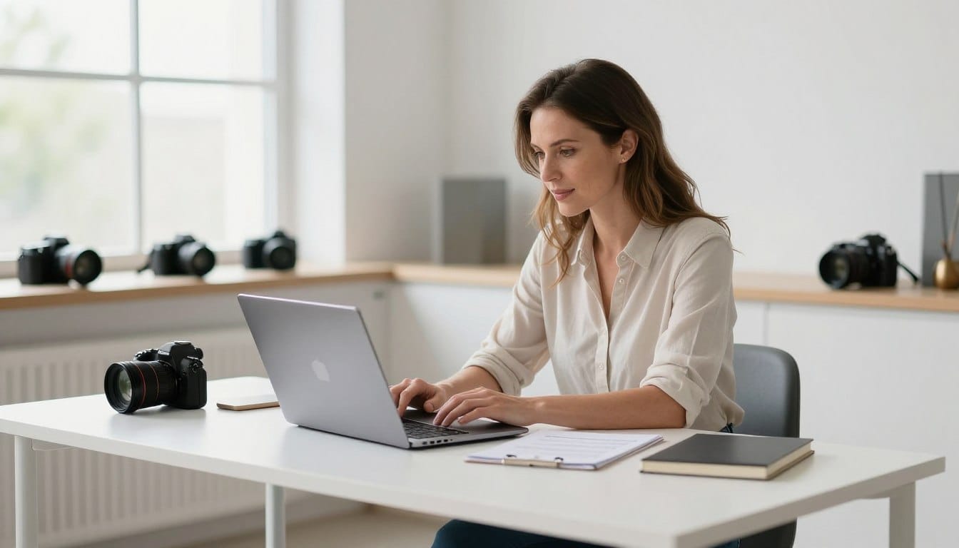 professional photographer reviewing google business profile on laptop in modern photography studio
