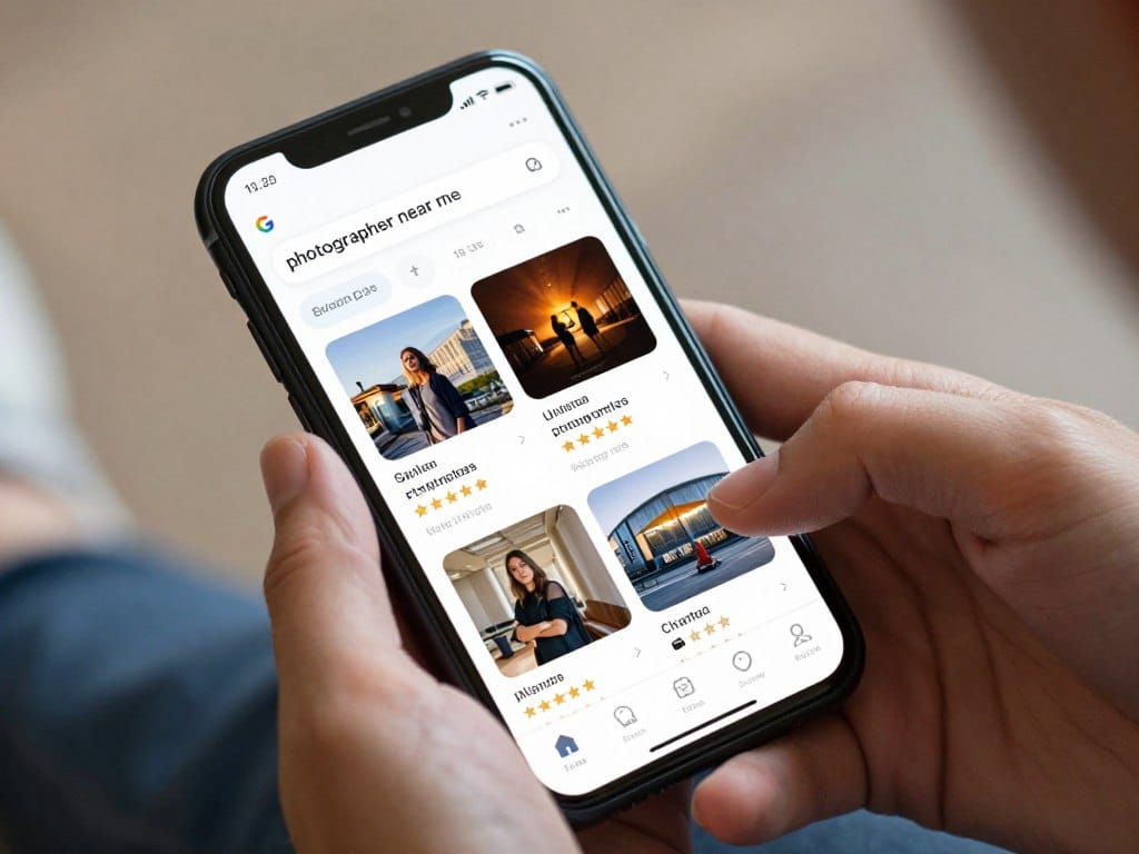 smartphone displaying google maps search results for local photographers with multiple profile listings smartphone displaying google maps search results for local photographers with multiple profile listings