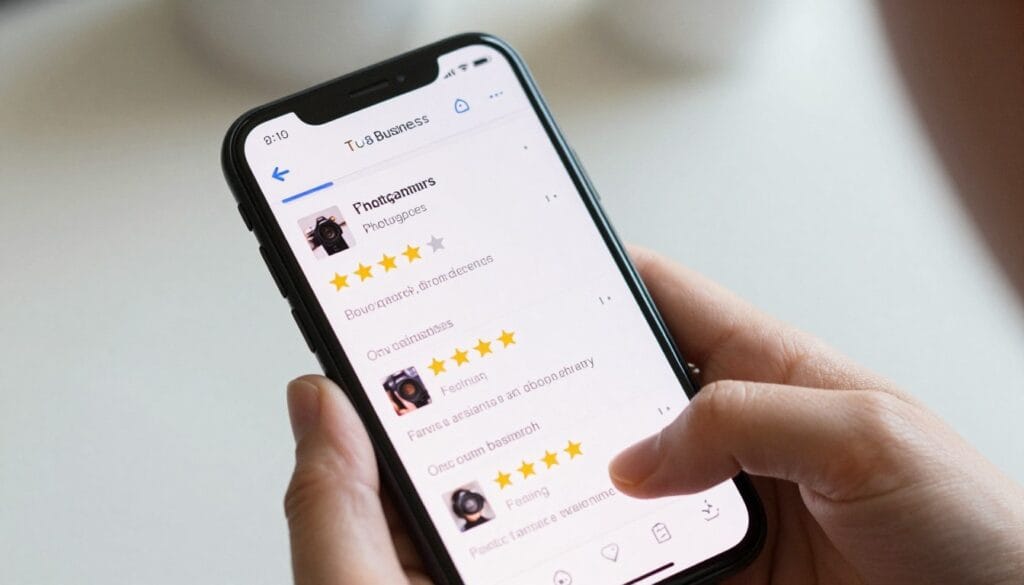 smartphone showing five star photographer reviews on google business profile smartphone showing five star photographer reviews on google business profile