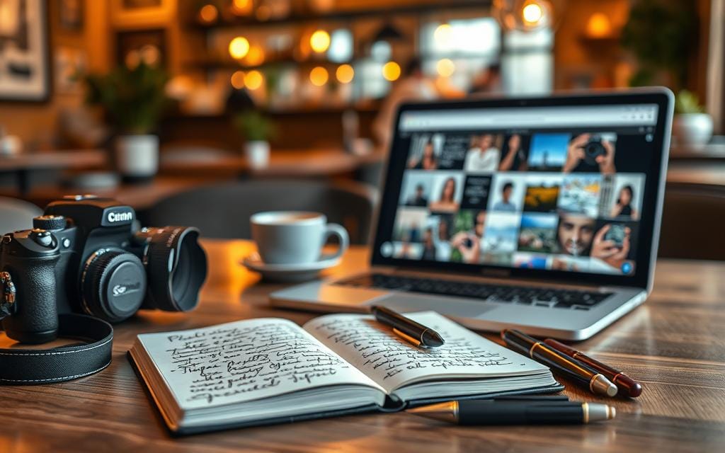 A beautifully arranged flat lay composition featuring a stylish workspace designed for photographers. In the foreground, showcase a high-quality camera, a notebook filled with handwritten notes, and elegant pens. In the middle, include a laptop displaying a collage of captivating Instagram photos with various captivating captions. In the background, a soft-focus blurred view of a cozy coffee shop setting with warm, ambient lighting creates an inviting atmosphere. The mood is creative and inspiring, encouraging viewers to engage in their photography journeys. Use natural light to highlight the textures and colors, with a slight depth of field to draw attention to the details. Stay focused, Ray Baker. A beautifully arranged flat lay composition featuring a stylish workspace designed for photographers. In the foreground, showcase a high-quality camera, a notebook filled with handwritten notes, and elegant pens. In the middle, include a laptop displaying a collage of captivating Instagram photos with various captivating captions. In the background, a soft-focus blurred view of a cozy coffee shop setting with warm, ambient lighting creates an inviting atmosphere. The mood is creative and inspiring, encouraging viewers to engage in their photography journeys. Use natural light to highlight the textures and colors, with a slight depth of field to draw attention to the details. Stay focused, Ray Baker.