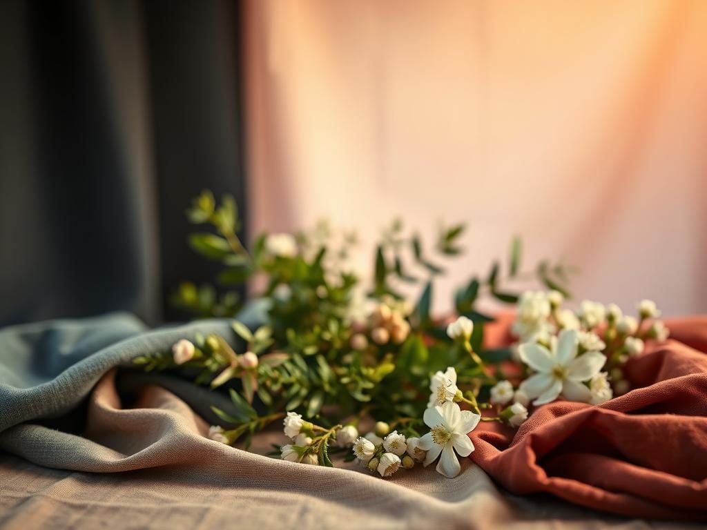 A beautifully arranged photography setup showcasing a variety of background selections perfect for portraiture. In the foreground, display a selection of rich, textured fabric swatches like velvet and linen in deep hues. Transitioning to the middle ground, include various natural elements such as soft-focus greenery and delicate flowers that enhance the blur effect. In the background, a smooth gradient of soft pastel colors merges, creating an inviting atmosphere. The lighting is soft and diffused, mimicking golden hour tones with a gentle bokeh effect. The image is shot at an angle that highlights the separation between the layers, with an emphasis on how they enhance subject isolation. The overall mood is calming and professional, making it an inspiring choice for portrait photographers. Stay focused, Ray Baker.